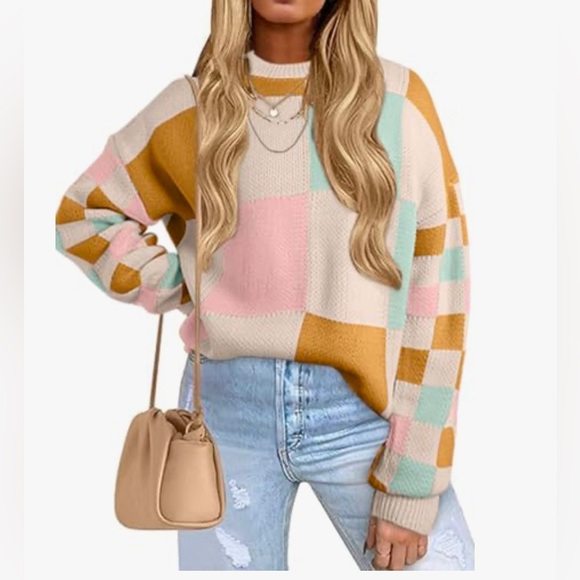 EVALESS Womens Sweaters Tops - EVALESS Womens Sweaters Fall Fashion Cable Knit Checkered Oversized Sweater Tops